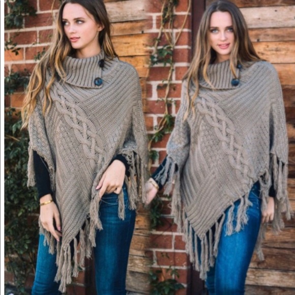 Sweaters - Last 1 New Comfy Chic High Neck Poncho w/Fringe